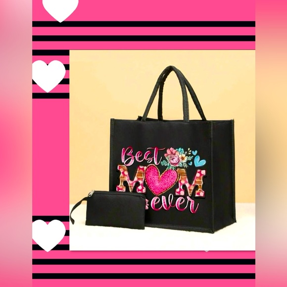 Handbags - Best Mom Ever Black Tote Bag and Matching Pouch Set. NEW!